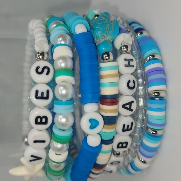 8 Beach Vibes Beaded Bracelets Set Stackable Boho Charm Stack Blue Lagoon Heishi - Picture 4 of 6